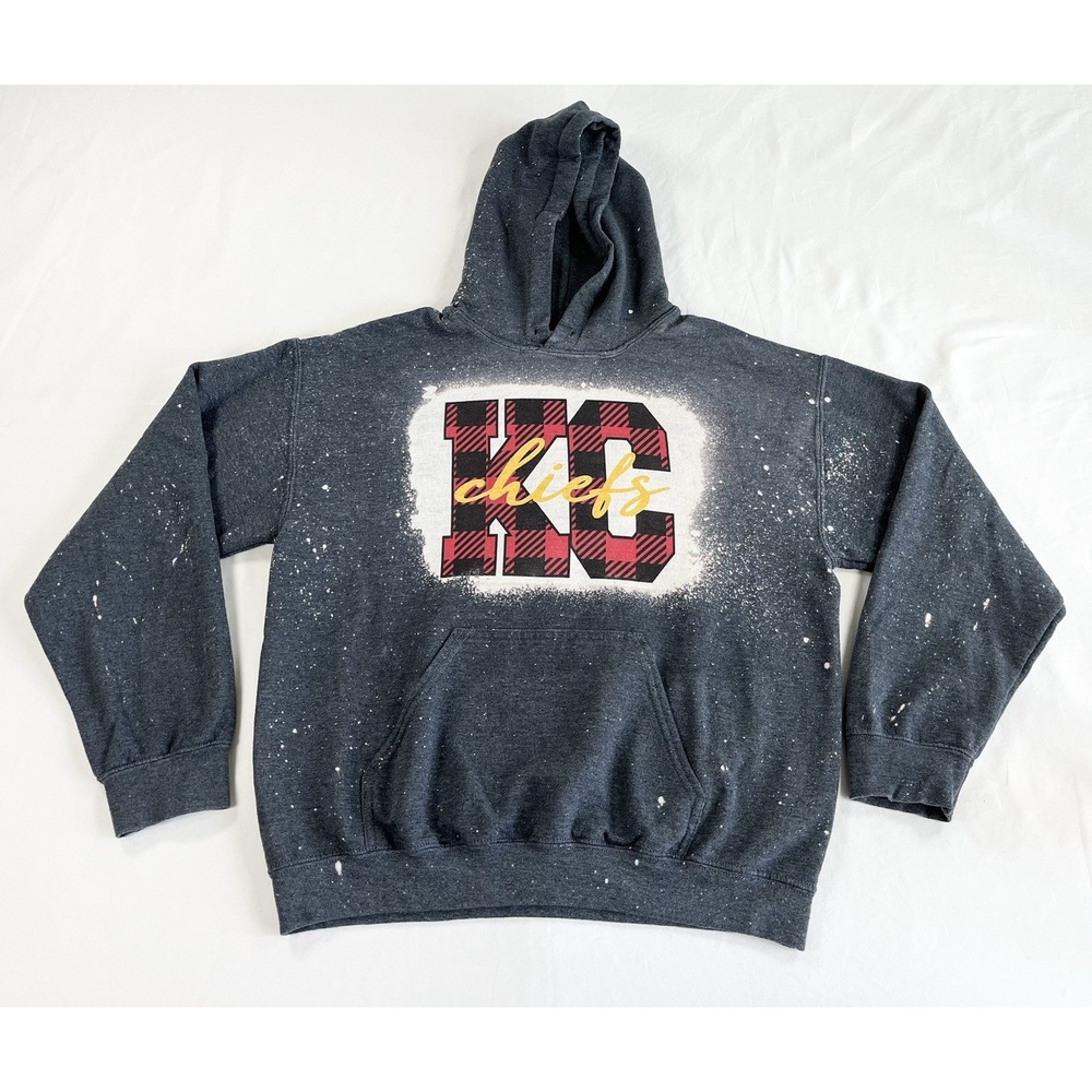 Gildan Kansas City Chiefs Bleach Splatter Hoodie Buffalo Plaid KC Women Medium